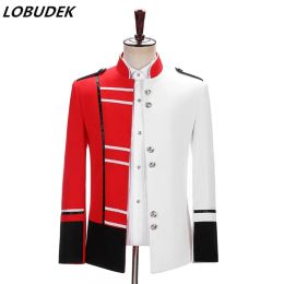 Suits Men's Red White Stand Collar Blazers Court Dress Singer Military Uniform Stage Costume Bar Male Host Performance Slim Coat