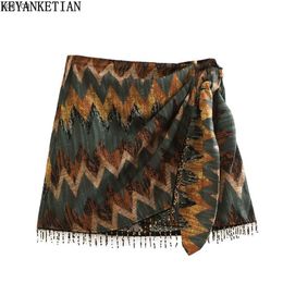 Skirts KEYANKETIAN New Vintage Geometric Print Mini Skirt Knotted Sarong Beaded Fringe Wrap Vestidos Casual Zip Short Skort MujerL2403