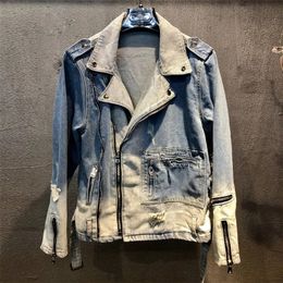 High Street Vintage Holes Ripped Coat Patchwork Denim Jacket Men Zippers Denim Biker Jacket For Motorcycle Blue Denim Jacket 240311