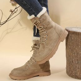Boots Women Solid Color Fluffy Boots Lace Up Suede Pattern Thermal Lined Platform Shoes Winter Plush Mid Calf Shoes