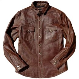 Yr.brand Brown Vintage Striped Italy Sheepskin Shirt.men mjuk smal äkta läderrock. Retro läderjacka. 240304