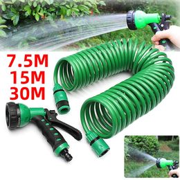 7.5M/15M/30M Retractable Coil Magic Flexible Garden Water Hose Car Cleaning Spring Pipe Plastic Hose Plant Watering W/ Spray Gun 240311