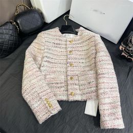 Women's Jackets French Short Tweed Jacket Elegant Luxury Fall Winter Long Sleeve Gold Button Weave Round Collar Cardigan Cropped Top