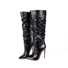 Boots Sexy Nightclub Stiletto Pleated ThighHigh Boots Boots Pointy Toe 12 Cm High Heel Slimming Plus Size Ladies ThighHigh Boots