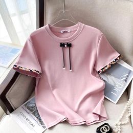 Women's T Shirts T-shirt 2024 Summer Harajuku With Beaded Vintage Printed Round Neck Loose Short-Sleeved Cotton Top Clothing