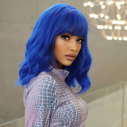 Synthetic Wigs Blue Short Bob Cosplay Lolita Synthetic Wigs Water Wavy Hair Wig with Bangs for Women Natural Heat Resistant Halloween Party Use 240328 240327