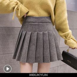 Skirts MOUKYUN Casual Streetwear Pleated Skirt Women Winter Wool Short A-line Mini Jupe Grey Black Kawaii School Skater