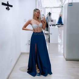 Sexy Illusion Rhinestone Prom Dresses Two Pieces Navy Blue Floor Length Evening Gowns Elegant Sweetheart Beaded Formal Party Dress With Slit vestidos de noche 2024