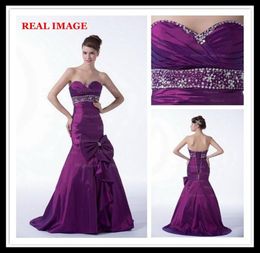 2015 Purple Mermaid Sweetheart Prom Dresses Pleated with Big Bow Taffeta Beaded Ball Gowns HW0131819423