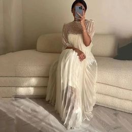 Aleeshuo Simple White Straight Prom Dresses Glitter Pearls Short Sleeve Party Tulle Boat Neck Vestidos De 2024 240320