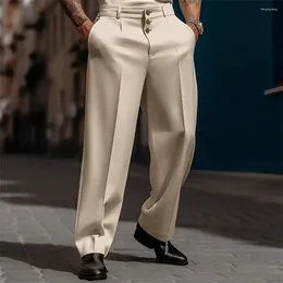 Men's Suits Men Suit Pants Straight Loose Solid Color Soft Pockets Mid Waist Button Closure Formal Business Style Long Office Trousers