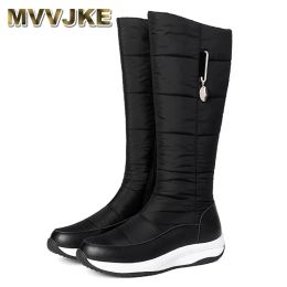 Boots MVVJKEFashion Women Winter Leather Wedges Knee Boots Waterproof Zipper Snow Boots Ladies Warm Footwear Platform Shoes Black Red