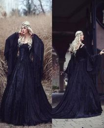 Retro 2019 Black Gothic Wedding Dresses Off The Shoulder A Line Bell Long Sleeves Full Lace Mediaeval Corset Bridal Gowns2795907