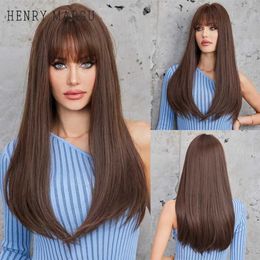 Synthetic Wigs HENRY MARGU Long Brown Hair Wigs with Bangs for Women Girls Silky Straight Wig Synthetic Hair Daily Party Use Heat Resistant Wig 240328 240327