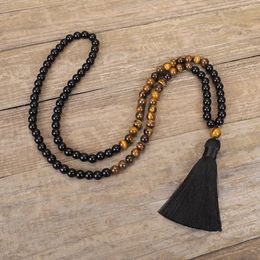 Chains 108 Mala Beads Black Obsidian Beaded Necklace Tiger's Eye Tassel Pendant Chakra Yoga Friendship Healing Balance
