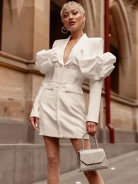Casual Dresses Women Celebrity Sexy Long Sleeve V Neck White Ruffles Blazer Mini Dress 2024 Elegant Evening Party Club