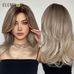 Synthetic Wigs ELEMENT Synthetic Wig Medium Wavy Hair Ombre Brown Blonde Wigs for Women Daily Party Cool Heat Resistant Breathable Headband 240328 240327