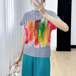 Women's T Shirts ALSEY Miyake Short Sleeve Fashion Oversized T-shirt Hundreds Of Printed Loose Slim Ruffled Tops Female Summer