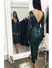 Dark Green Long Sleeve Mermaid Prom Dresses Tea Length V Cut Backless Sequins Evening Gown Women Formal Wear Vestido1349629