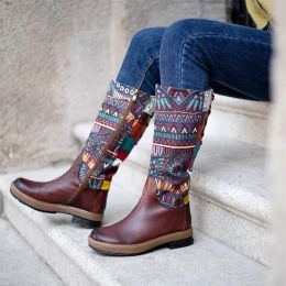 Boots Fashion Retro Ethnic Women Boots Boho FolkCustom Artisanal Ladies Flat Leather Boots Embroidery Printed Shoes Luxury Brand