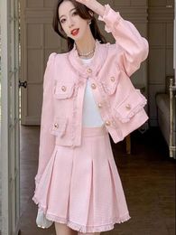 Two Piece Dress UNXX 2024 Spring Arrivals Chic French Style Tweed Suit Set For Women With Thin Jacket And Pleated Skirt In Pink