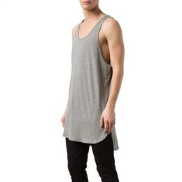 Summer men women cotton long tank top side split street hip hop undershirt man black white gray casual sleeveless shirt gym vest 240329