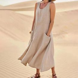 Casual Dresses Cotton Linen 2024 Fashion Women's Beach Dress Solid Sleeveless Pocket Vintage O Neck Summer