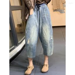 Women's Jeans 2024 Spring Summer Arts Style Women Elastic Waist Vintage Hole Loose All-matched Casual Cotton Denim Harem Pants P566