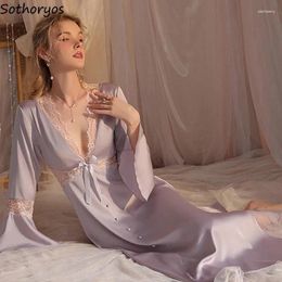 Women's Sleepwear Sexy Nightgowns Women Lace Patchwork Bow Mesh Ice Silk Hollow Out V-neck Flare Sleeve A-line Midi French Style Sweet Soft