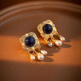 Vintage pearl earrings womens niche court style personality lapis lazuli blue stone fine eardrop 240311