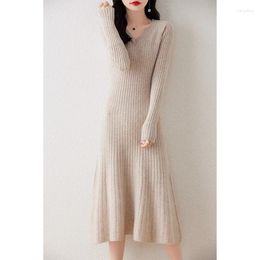 Casual Dresses 2024 Cashmere Round Neck Pullover Skirt Women's Long Loose Wool Solid Color Sweater Knitted Shirt Top