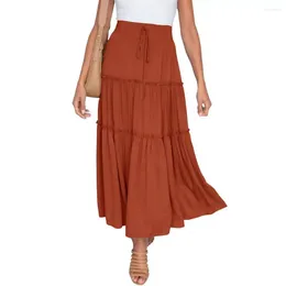 Skirts Women Skirt Pleated Design Large Hem Elastic High Waist Boho Style A Line Ruffle Swing Beach Maxi For Vacation