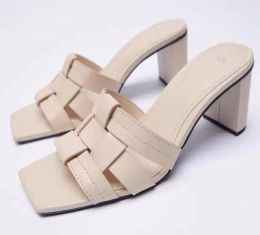 Sandals New Designer Shoes Women Beige Thick Heel Leather Slippers Square Toe Open Toe High Heel Woven Sandals Summer Women