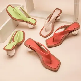 Slippers Size 43 Women Shoes Sandals Square Head Pinch Flip Flops Crystal Transparent Ball Low Heel Clear Fashion Slides
