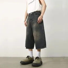 Men's Pants American Retro Summer Calf-Length Denim Jeans Men High Street Over Knee Wide Leg Straight Shorts Casual Oversized