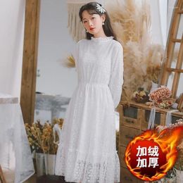 Casual Dresses Solid Korean Preppy Style Women Autumn Elegant Long Sleeve All-match Fashion Vestidos Female Thick Sweet Lace Dress V290
