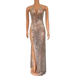 Stage Wear Evening Celebrate Wedding Sparkly Silver Mirrors Mesh Backless Split Outfit Birthday Stretch Dance Performance Po Shoot Dress