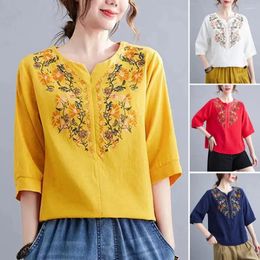 Women's Blouses Comfortable Breathable Shirt Stylish Embroidered Floral V-neck For Women Loose Fit Top With Half Sleeves