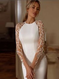 Elegant Mermaid Wedding Dress Women 2024 Long Sleeves Lace Illusion Back O-Neck Satin Bridal Gown Sweep Train Vestidos De Noiva YD