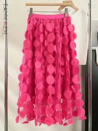 Skirts LANMREM 3D Flower Mesh A-line Skirt For Women Elastic Waist Solid Color Stitching Party Clothing 2024 Autumn 2DA2005