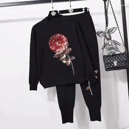 Women's Two Piece Pants Fashion Sequins Flower Knitted Tracksuit Women Outfits 2pc Loose Casual Black Pullover Sweater Pencil Set Female