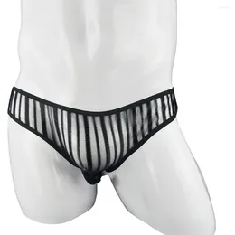 Underpants Sexy Men Underwear Striped Transparent Thong Mesh Sheer Bugle Pouch Bikini Briefs Sissy Elastic Quickly Dry Panties