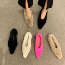 Boots Fashion Pointed Toe Fur Ballet Flat Woman Winter Warm Plush Shallow Loafer Ladies Concise Furry Heeled Dress Shoes Zapatos Mujer
