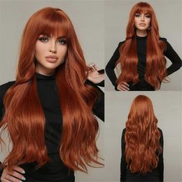 Synthetic Wigs Copper Ginger Brown Wigs with Bangs Natural Synthetic Long Wavy Wigs for Black Women Afro Cosplay Daily Heat Resistant Hair Wig 240329