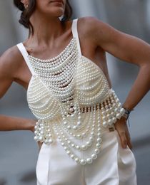 Fashion Pearl Beading Tops Wpmen V-neck Handmade Bra Top Ladies Party Female Elegant Beaded Vest Tops240318