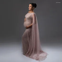 Casual Dresses Charming Pearls Lace Pregnant Women Elegant One Shoulder Sequined Tulle Maternity Gowns For Po-shoot Pregnancy