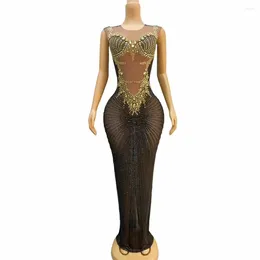 Stage Wear Shining Gold Black Stones Transparent Sleeveless Dress Evening Birthday Celebrate Party Dance Performance Sexy Poshoot