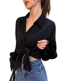 Women's Blouses 2024 Fashion Women Vintage Loose Black Satin Chiffon Silk Shirts Office Lady Elegant Long Sleeve Work Button Up Tops