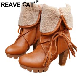 Boots REAVE CAT Outdoor Ladies Winte Platform Boots Round Toe Chunky Heels Slipon Tassel Foldble Size 3443 Mature Black Beige S2673