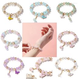 Bangle 1PC Women Girls Glass Beads Bracelet Butterfly Shape Pendant Ladies Elegant Charm Bacelet Jewellery Accessories